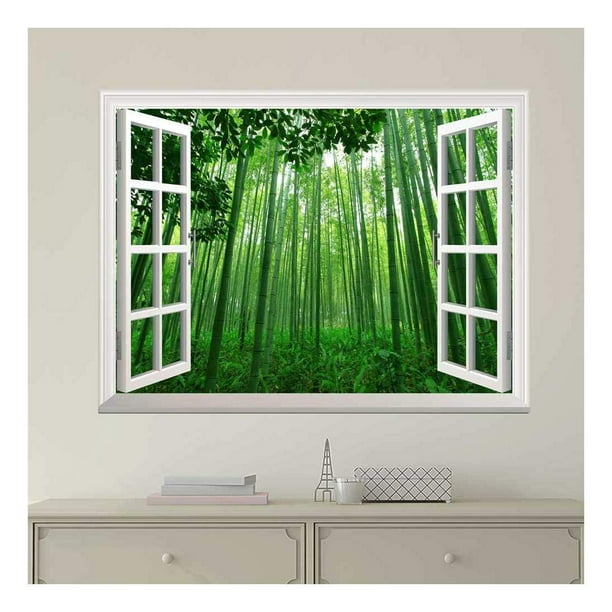 wall26 Home Decor 36x48 inches Vintage Teal Window Looking Out Into a Green Bamboo Forest Removable Sticker Wall Mural 